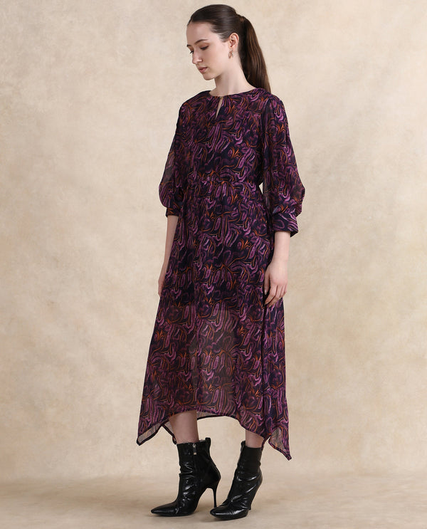 Rareism Women Yerevan Dark Multi Puffed Sleeve Round Neck Zipper Closure Asymmetric Midi Abstract Print Dress