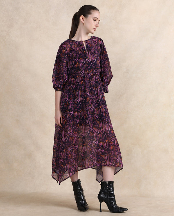 Rareism Women Yerevan Dark Multi Puffed Sleeve Round Neck Zipper Closure Asymmetric Midi Abstract Print Dress