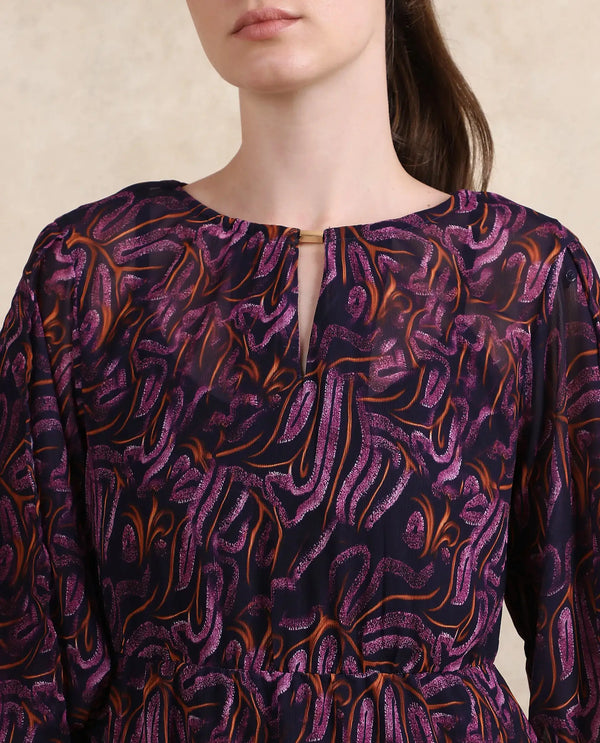 Rareism Women Yerevan Dark Multi Puffed Sleeve Round Neck Zipper Closure Asymmetric Midi Abstract Print Dress