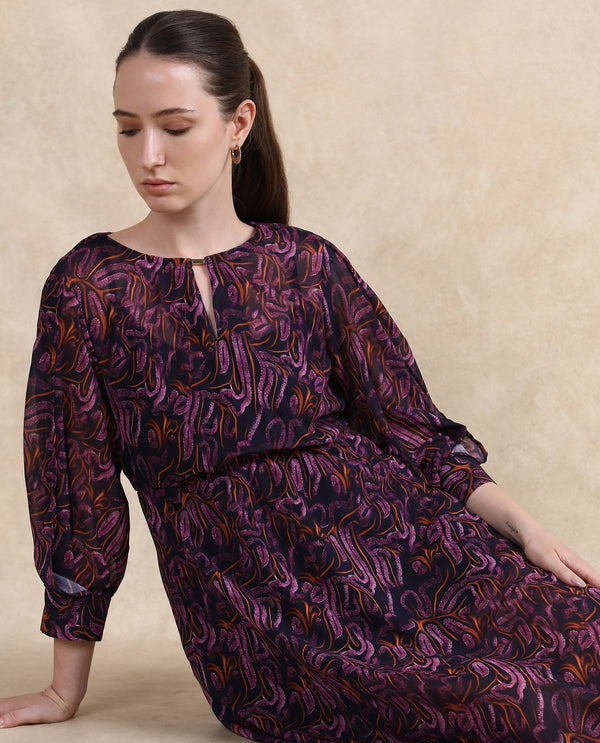 Rareism Women Yerevan Dark Multi Puffed Sleeve Round Neck Zipper Closure Asymmetric Midi Abstract Print Dress