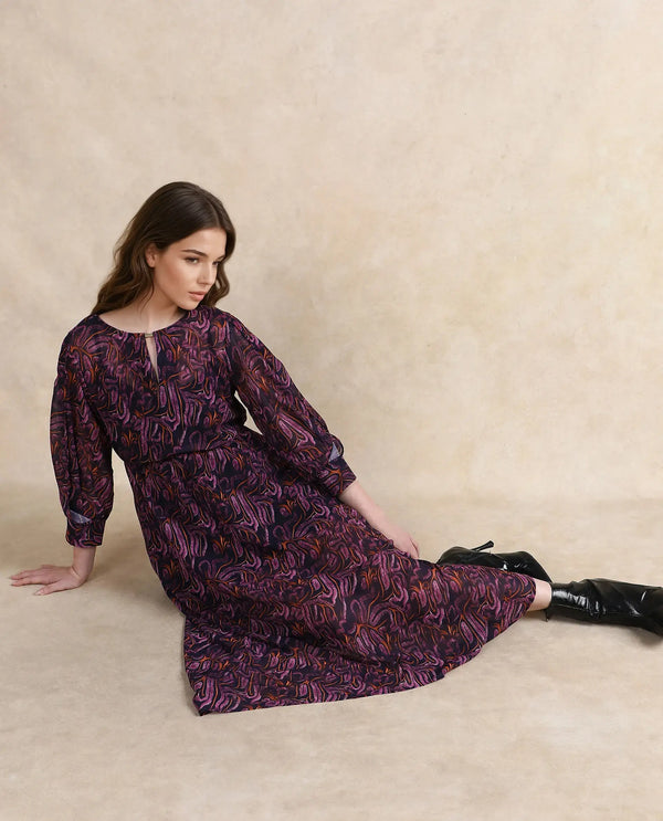 Rareism Women Yerevan Dark Multi Puffed Sleeve Round Neck Zipper Closure Asymmetric Midi Abstract Print Dress