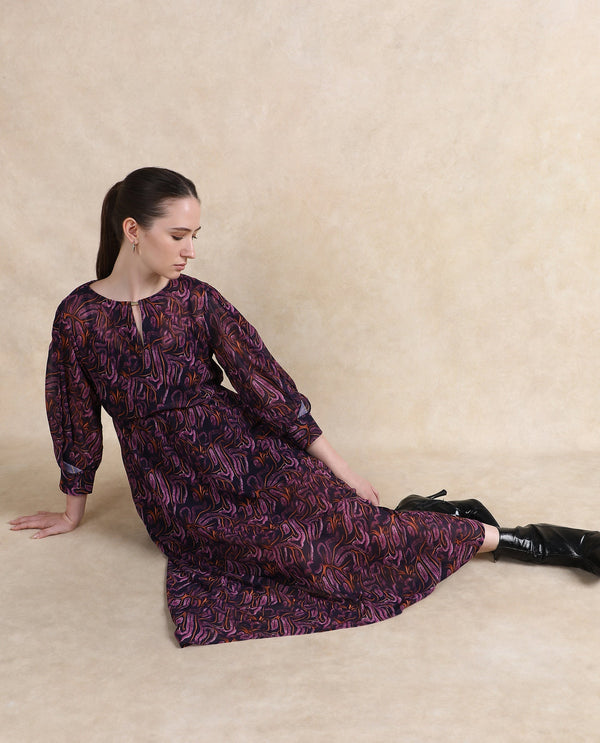 Rareism Women Yerevan Dark Multi Puffed Sleeve Round Neck Zipper Closure Asymmetric Midi Abstract Print Dress