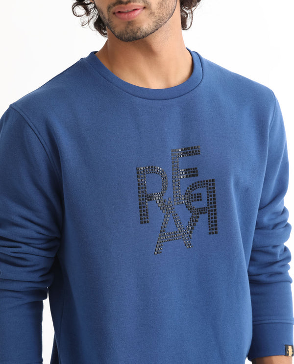 Rare Rabbit Men's Yevs Dark Blue Cotton Polyester Fabric Full Sleeves Rare Graphic Print Sweatshirt