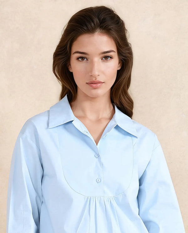 Rareism Women Yit Light Blue Cotton Fabric Bishop Sleeve Collared Neck Button Closure Relaxed Fit Plain Top