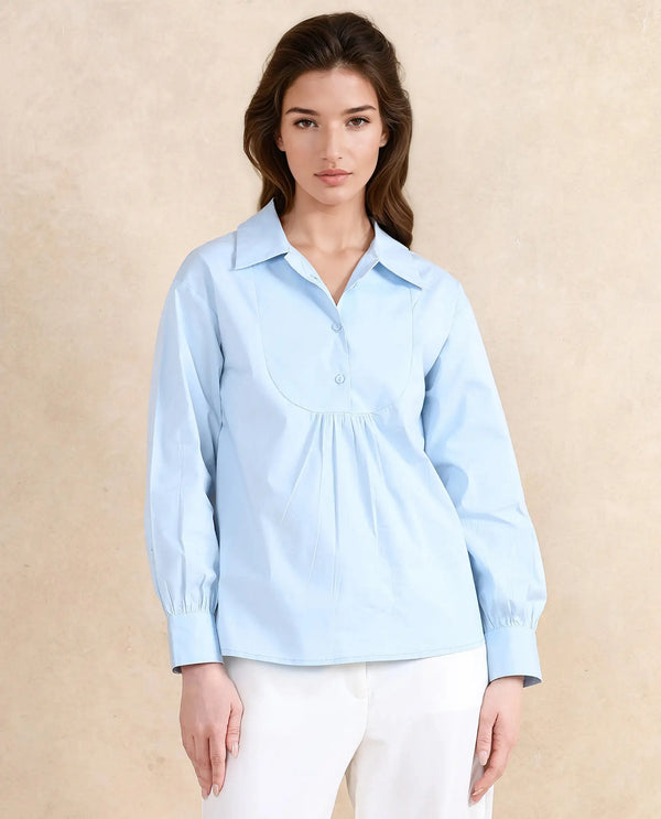 Rareism Women Yit Light Blue Cotton Fabric Bishop Sleeve Collared Neck Button Closure Relaxed Fit Plain Top