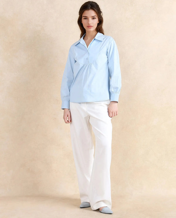 Rareism Women Yit Light Blue Cotton Fabric Bishop Sleeve Collared Neck Button Closure Relaxed Fit Plain Top