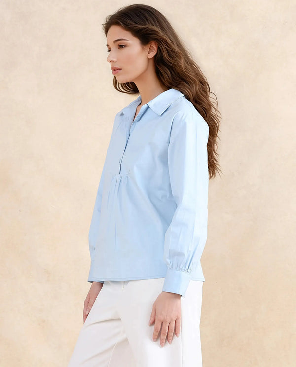 Rareism Women Yit Light Blue Cotton Fabric Bishop Sleeve Collared Neck Button Closure Relaxed Fit Plain Top