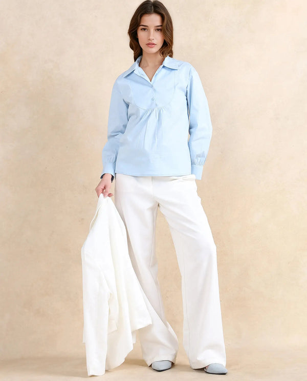 Rareism Women Yit Light Blue Cotton Fabric Bishop Sleeve Collared Neck Button Closure Relaxed Fit Plain Top