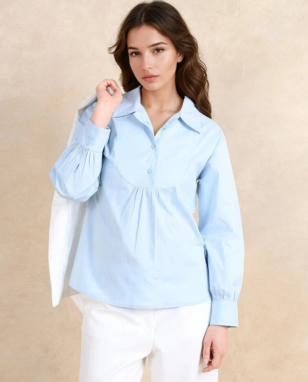 Rareism Women Yit Light Blue Cotton Fabric Bishop Sleeve Collared Neck Button Closure Relaxed Fit Plain Top