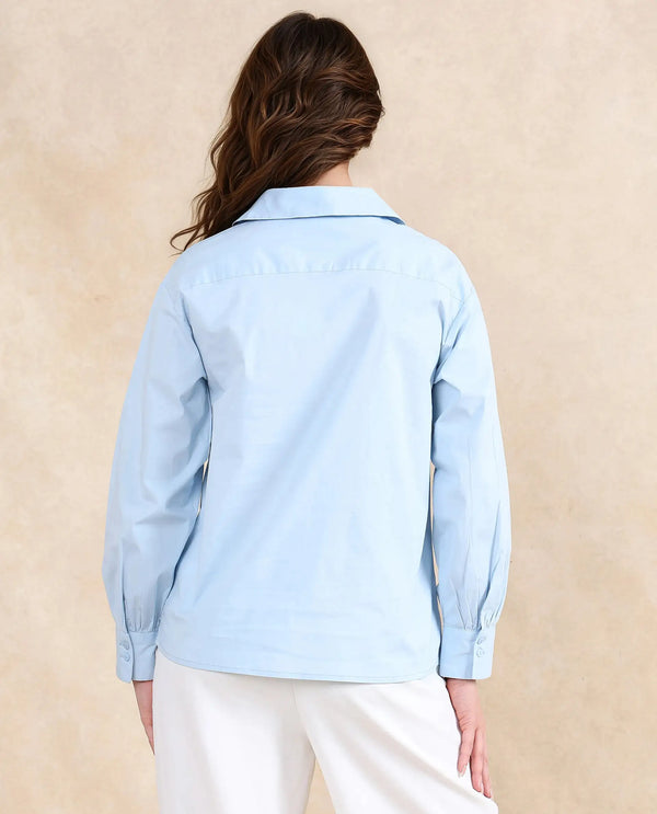 Rareism Women Yit Light Blue Cotton Fabric Bishop Sleeve Collared Neck Button Closure Relaxed Fit Plain Top