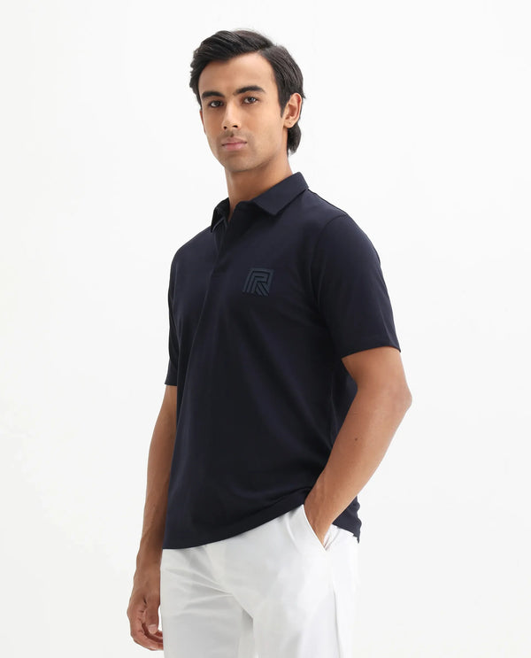 Rare Rabbit Men Yobo Navy Short Sleeve Collared Neck Button Closure Plain Polo
