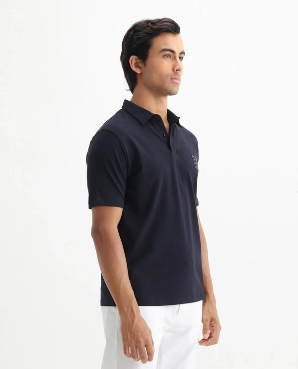 Rare Rabbit Men Yobo Navy Short Sleeve Collared Neck Button Closure Plain Polo