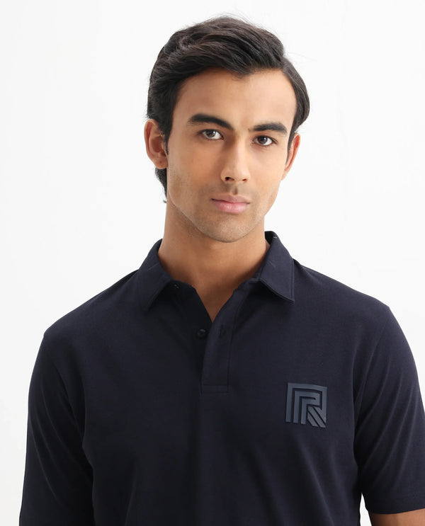 Rare Rabbit Men Yobo Navy Short Sleeve Collared Neck Button Closure Plain Polo