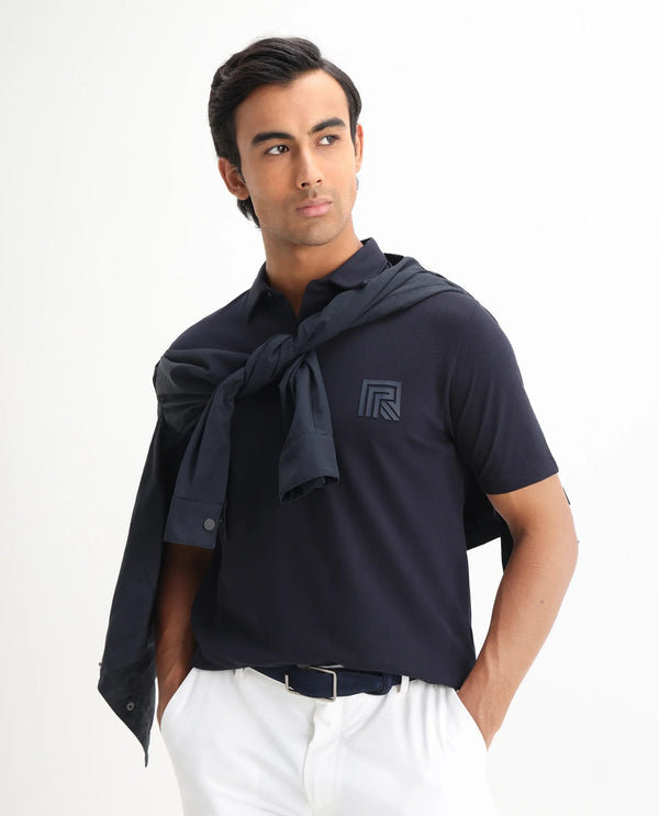 Rare Rabbit Men Yobo Navy Short Sleeve Collared Neck Button Closure Plain Polo