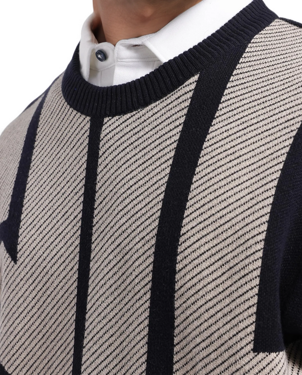 Rare Rabbit Men's Toge Navy Cotton Fabric Full Sleeve Crew Neck Monogram Print Sweater
