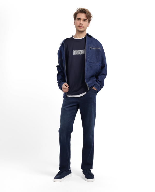 Rare Rabbit Men Fobo Navy Cotton Polyester Lycra Fabric Short Sleeve Crew Neck Oversized Fit Monogram Chest Print T-Shirt