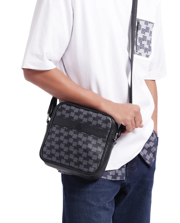Rare Rabbit Men's Trav Blue Monogram Print Crossbody Bag