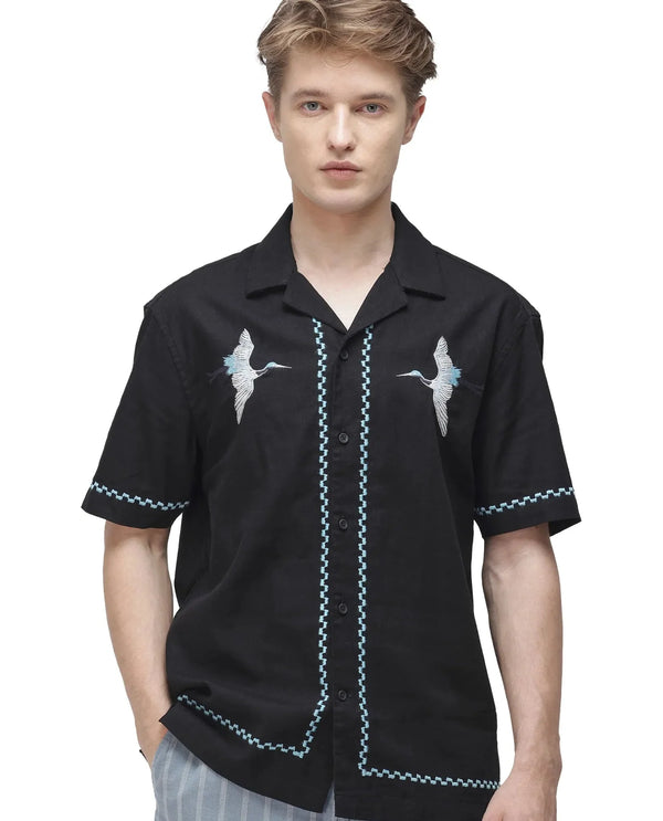 Rare Rabbit Men Yoko Black Cotton Fabric Cuban Collar Embroidered Shirt