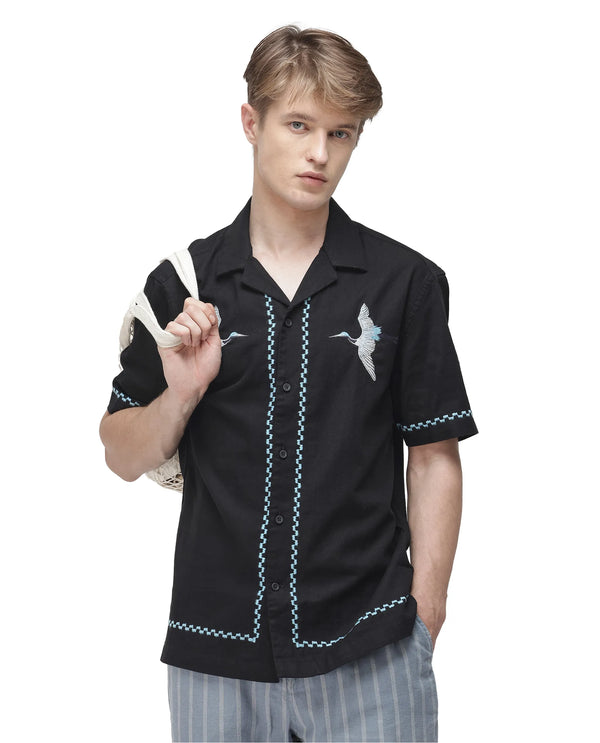 Rare Rabbit Men Yoko Black Cotton Fabric Cuban Collar Embroidered Shirt