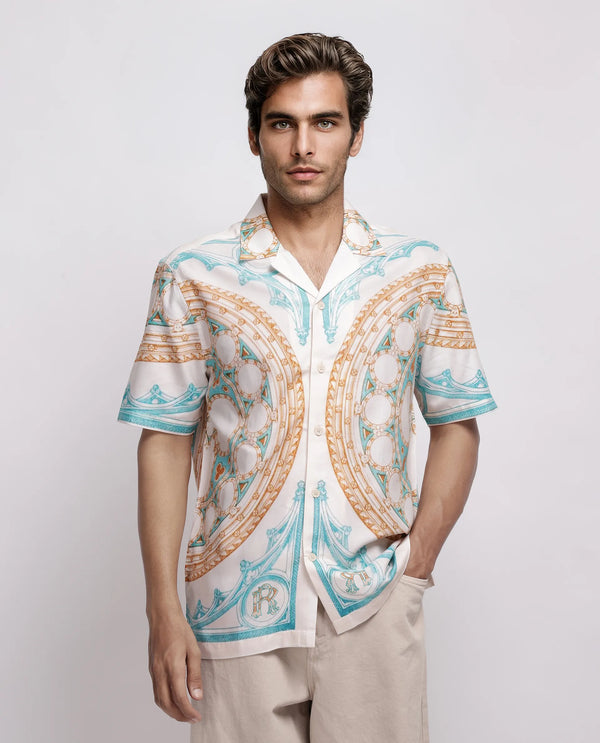 Rare Rabbit Men Yokor Beige Viscose Fabric Half Sleeve Cuban Collar Button Closure Boxy Fit Placement Print Shirt
