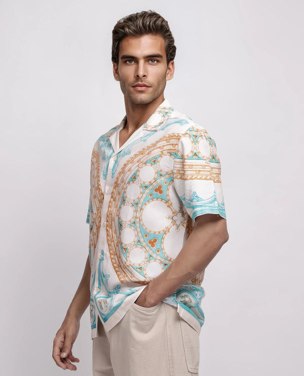 Rare Rabbit Men Yokor Beige Viscose Fabric Half Sleeve Cuban Collar Button Closure Boxy Fit Placement Print Shirt