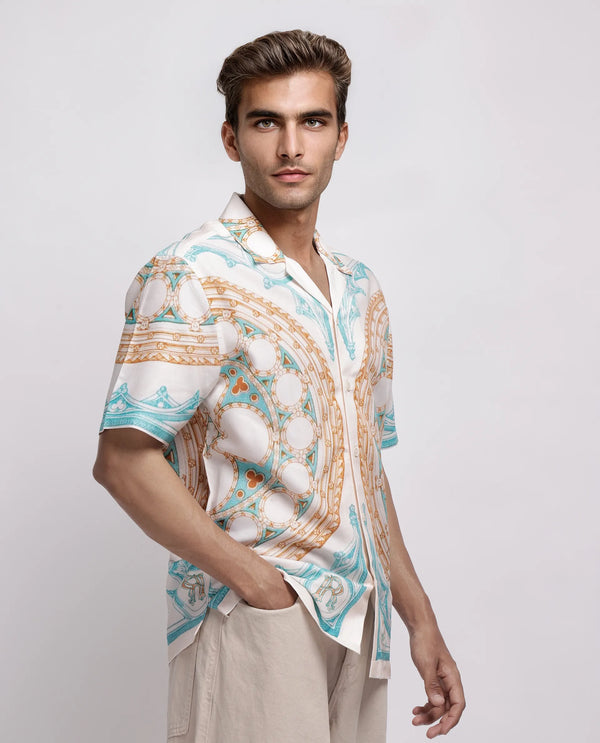 Rare Rabbit Men Yokor Beige Viscose Fabric Half Sleeve Cuban Collar Button Closure Boxy Fit Placement Print Shirt