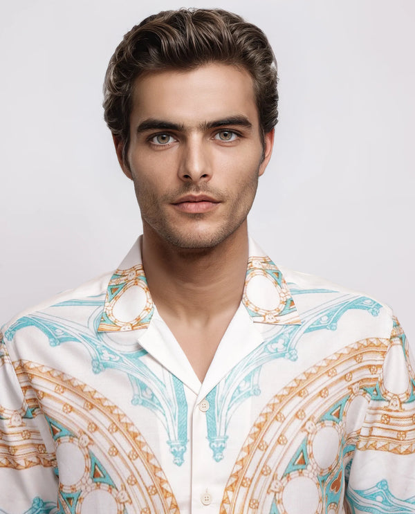 Rare Rabbit Men Yokor Beige Viscose Fabric Half Sleeve Cuban Collar Button Closure Boxy Fit Placement Print Shirt