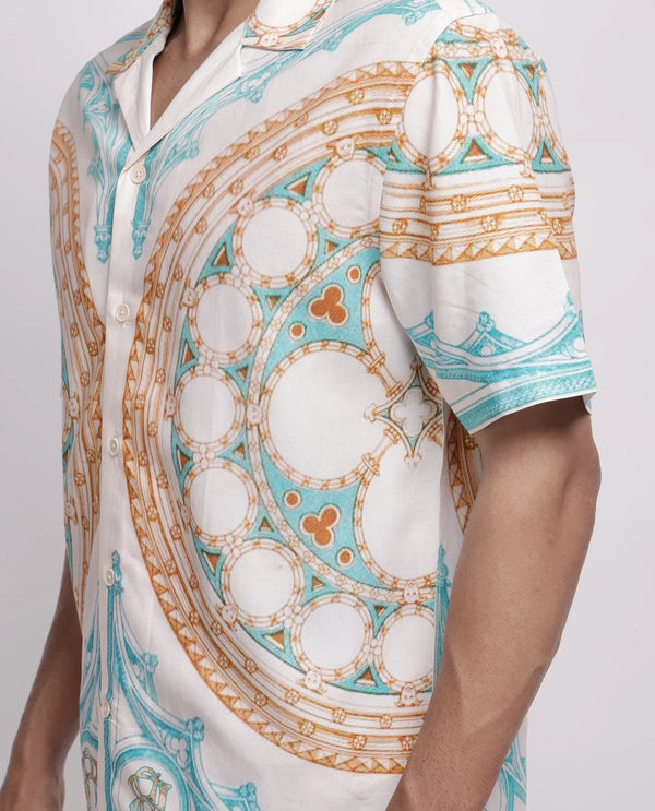 Rare Rabbit Men Yokor Beige Viscose Fabric Half Sleeve Cuban Collar Button Closure Boxy Fit Placement Print Shirt