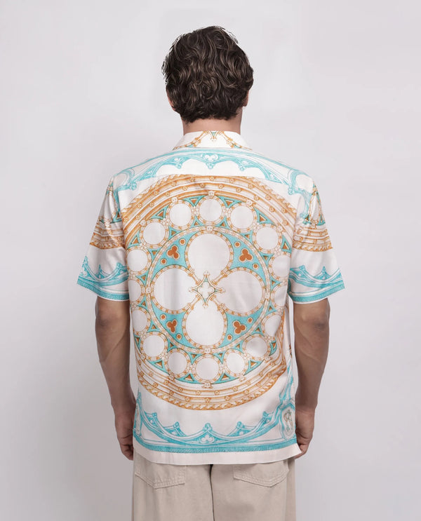 Rare Rabbit Men Yokor Beige Viscose Fabric Half Sleeve Cuban Collar Button Closure Boxy Fit Placement Print Shirt