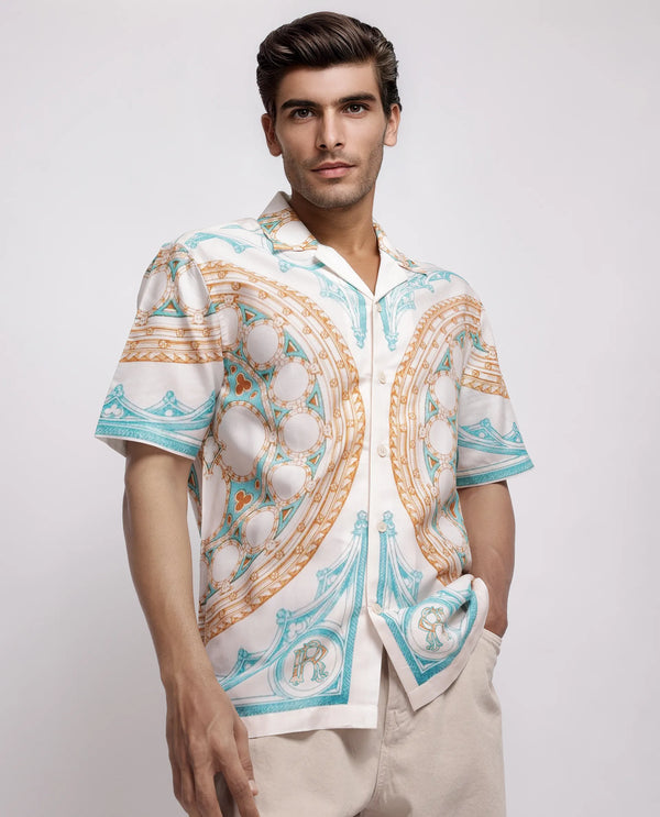 Rare Rabbit Men Yokor Beige Viscose Fabric Half Sleeve Cuban Collar Button Closure Boxy Fit Placement Print Shirt