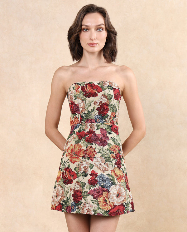 Rareism Women Yolor Multi Sleeveless Tube Neck Zipper Closure Fit And Flare Mini Jacquard Dress