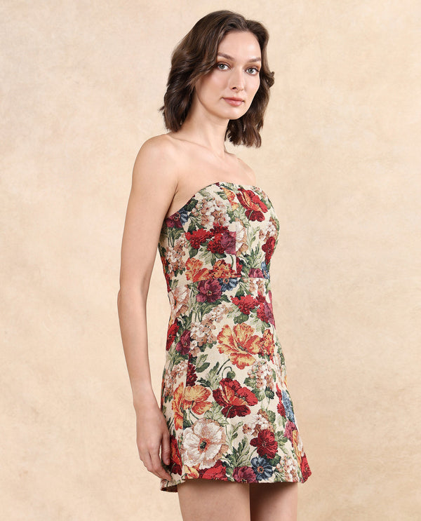Rareism Women Yolor Multi Sleeveless Tube Neck Zipper Closure Fit And Flare Mini Jacquard Dress