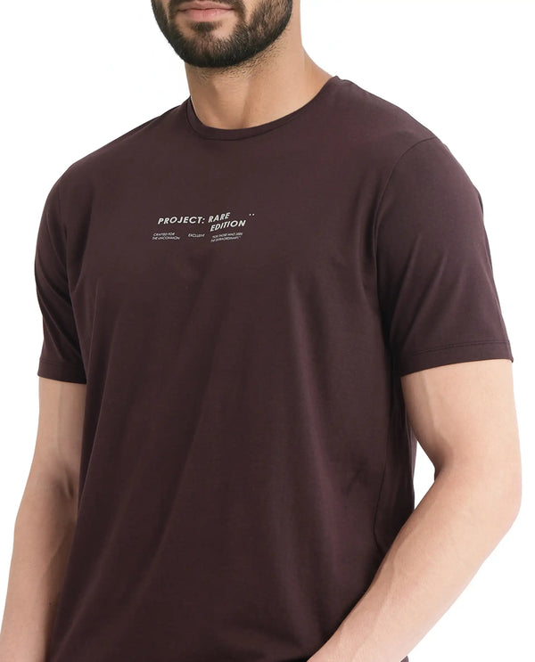 Rare Rabbit Men Yolt Brown Cotton Blend Fabric Short Sleeve Crew Neck Regular Fit HD Print T-Shirt