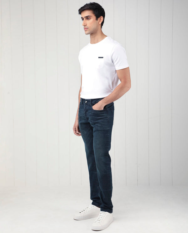 Rare Rabbit Men's Yoshi Dark Blue Mid Wash Mid-Rise Regular Fit Jeans