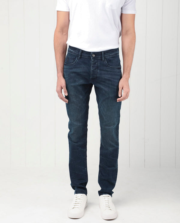 Rare Rabbit Men's Yoshi Dark Blue Mid Wash Mid-Rise Regular Fit Jeans