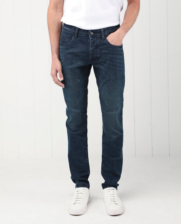 Rare Rabbit Men's Yoshi Dark Blue Mid Wash Mid-Rise Regular Fit Jeans
