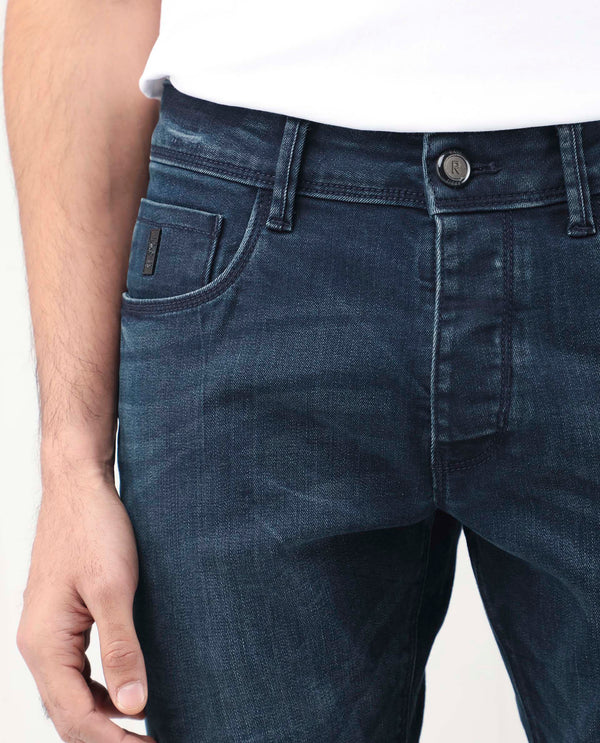 Rare Rabbit Men's Yoshi Dark Blue Mid Wash Mid-Rise Regular Fit Jeans