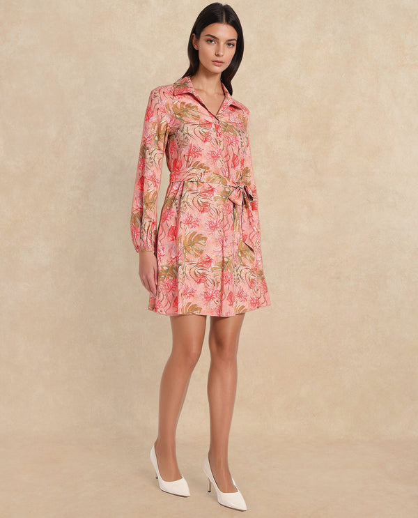 Rareism Women's Youat Multi Viscose Fabric Spread Collar Button Closure Bishop Sleeve Floral Print Fit And Flare Mini Dress