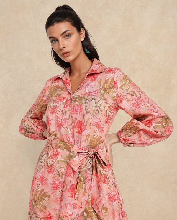 Rareism Women's Youat Multi Viscose Fabric Spread Collar Button Closure Bishop Sleeve Floral Print Fit And Flare Mini Dress