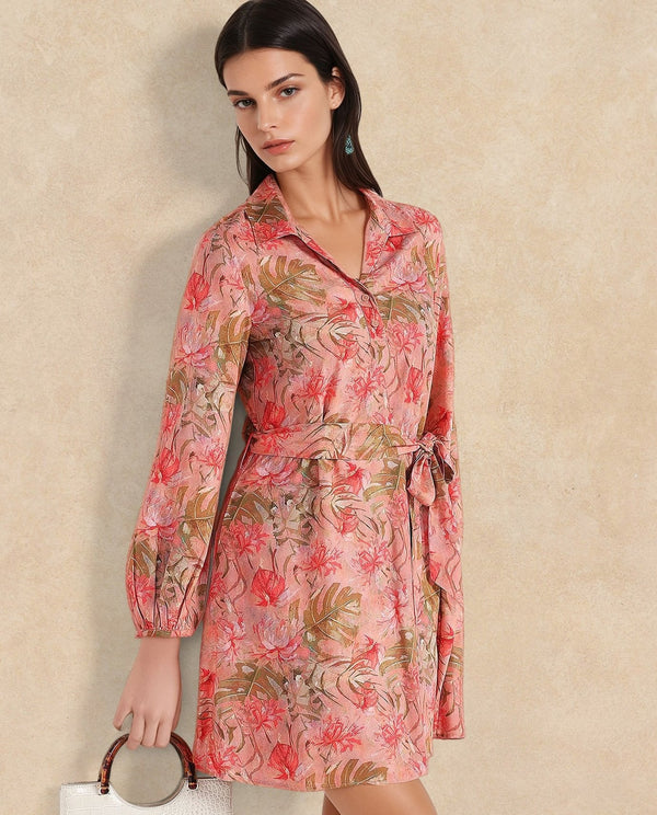 Rareism Women's Youat Multi Viscose Fabric Spread Collar Button Closure Bishop Sleeve Floral Print Fit And Flare Mini Dress