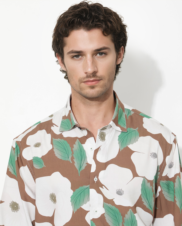 Rare Rabbit Men's Yuki Brown Viscose Fabric Short Sleeves Boxy Fit Floral Print Shirt