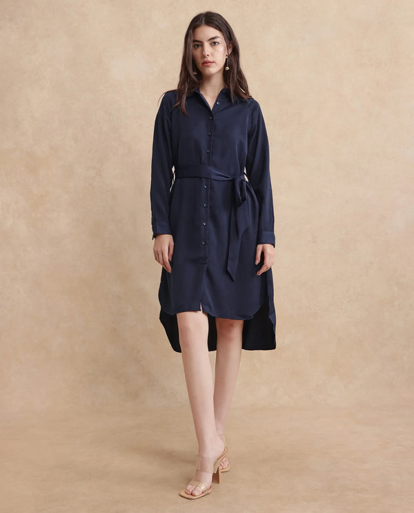 Rareism Women Yulu Navy Satin Cuffed Sleeves Collared Neck Button Closure Straight Fit Midi Plain Dress