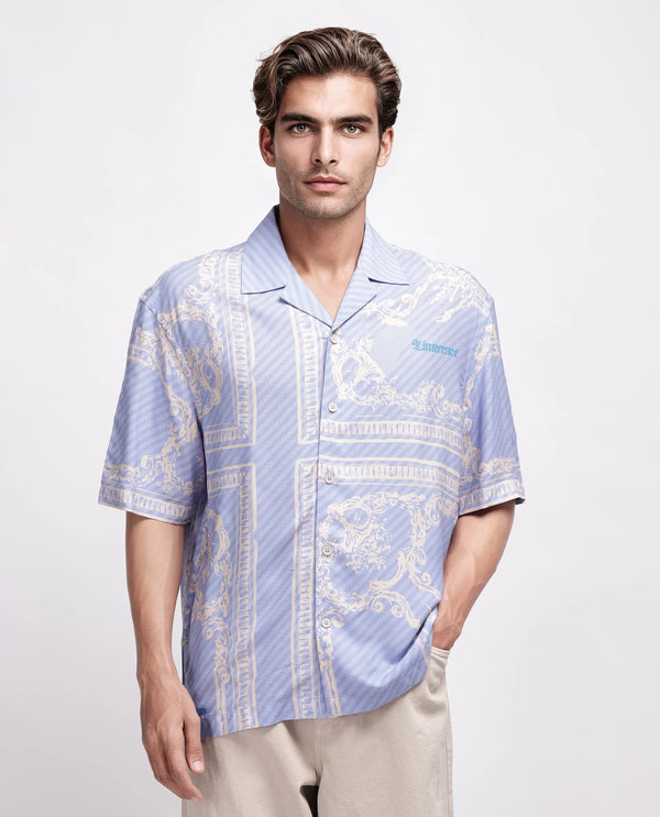 Rare Rabbit Men Yuna Purple Viscose Fabric Half Sleeve Cuban Collar Button Closure Boxy Fit Placement Print Shirt