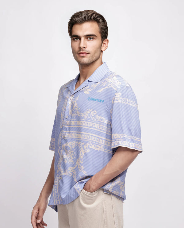 Rare Rabbit Men Yuna Purple Viscose Fabric Half Sleeve Cuban Collar Button Closure Boxy Fit Placement Print Shirt