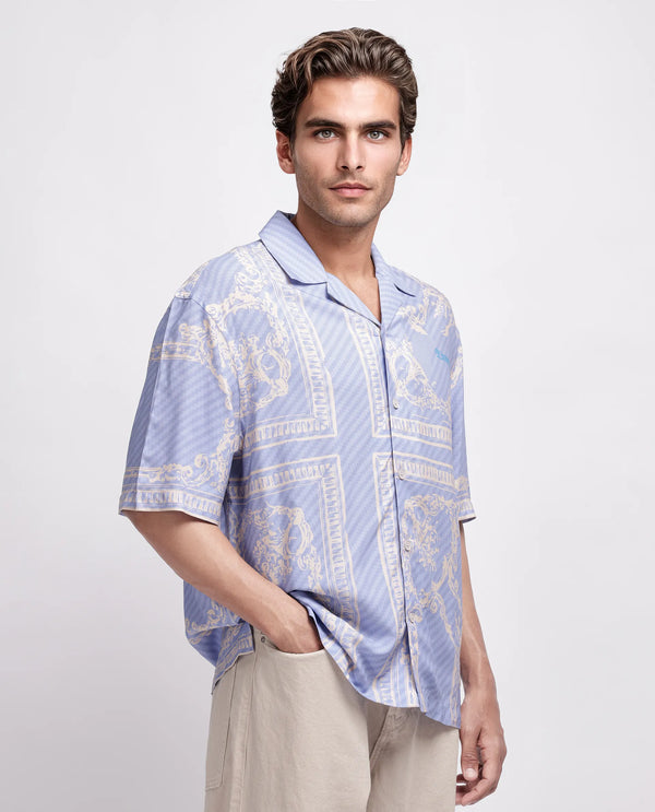 Rare Rabbit Men Yuna Purple Viscose Fabric Half Sleeve Cuban Collar Button Closure Boxy Fit Placement Print Shirt