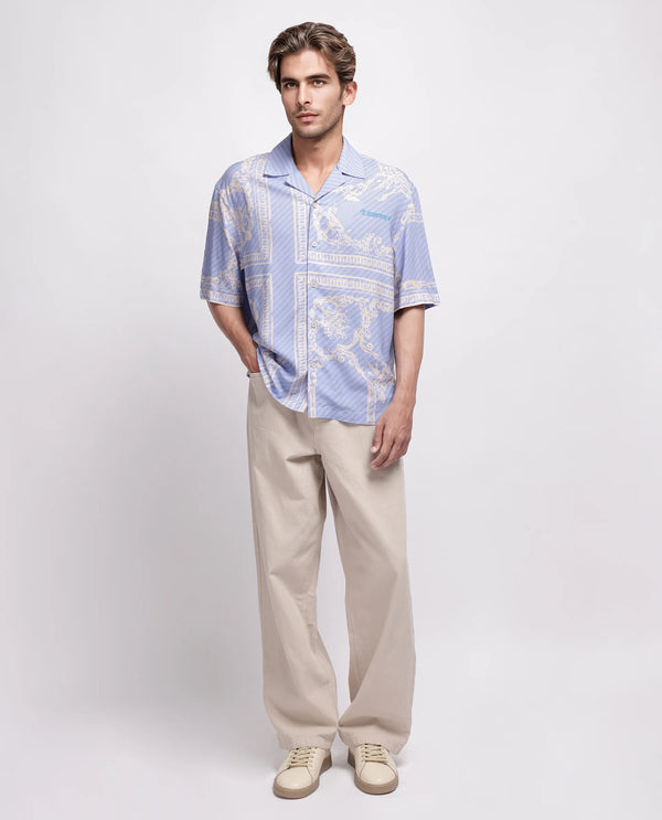 Rare Rabbit Men Yuna Purple Viscose Fabric Half Sleeve Cuban Collar Button Closure Boxy Fit Placement Print Shirt