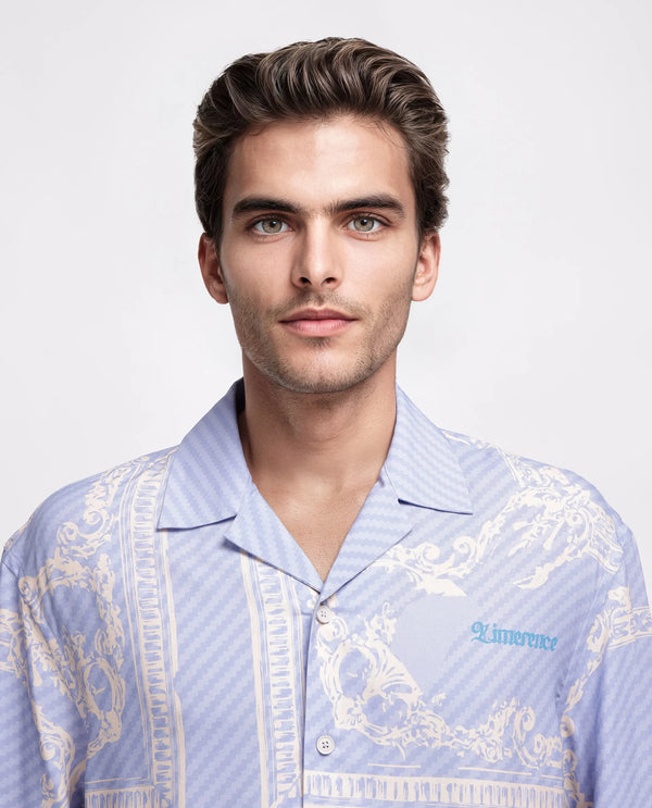 Rare Rabbit Men Yuna Purple Viscose Fabric Half Sleeve Cuban Collar Button Closure Boxy Fit Placement Print Shirt