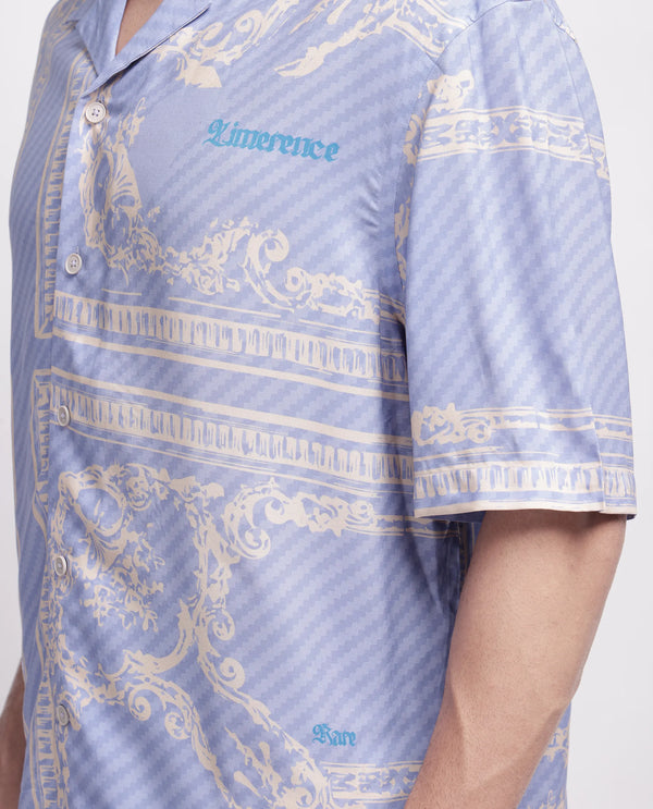Rare Rabbit Men Yuna Purple Viscose Fabric Half Sleeve Cuban Collar Button Closure Boxy Fit Placement Print Shirt