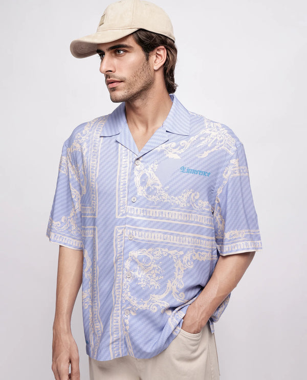 Rare Rabbit Men Yuna Purple Viscose Fabric Half Sleeve Cuban Collar Button Closure Boxy Fit Placement Print Shirt