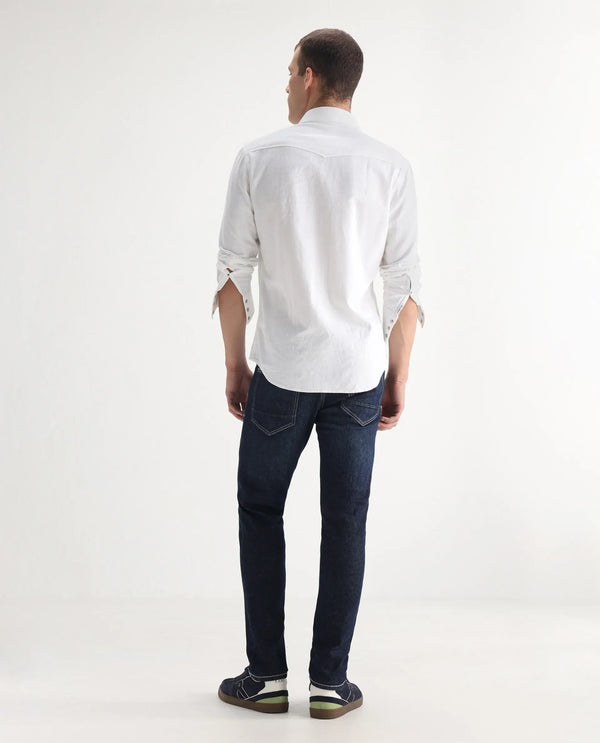 Rare Rabbit Men Yuri Dark Blue Cotton Spandex Fabric Slim Fit Mid Wash Distressed Solid Denim Pant